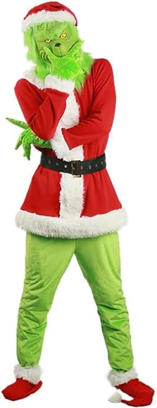 Christmas Costume Set Santa Claus Hat Top Boots Green Hair Monster Mask Gloves Cosplay Costume How Stole Christmas Costume Set - Including Mask Xmas Funny Cosplay Costume Props