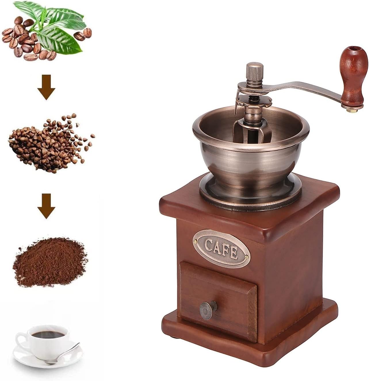 Manual Coffee Grinder, Adjustable Coarseness Coffee Mill Grinder Coffee Bean Grinder Vintage Antique Wooden Hand Grinder Hand Held Coffee Mill for Kitchen Camping