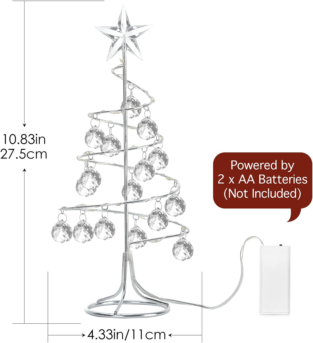 Christmas Decoration with Crystal Ball, 10.8 Inch LED Mini Desk Christmas Tree Decor Star Ornament Display Metal Stand Tabletop Decor for Holiday Party Home Indoor Outdoor Decor, Silver