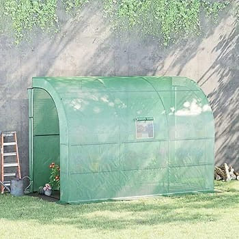 Outsunny Walk-In Lean to Wall Greenhouse with Windows and Doors, Outdoor Green House with 3 Tiers 6 Wired Shelves, 300L x 150W x 213Hcm, Green