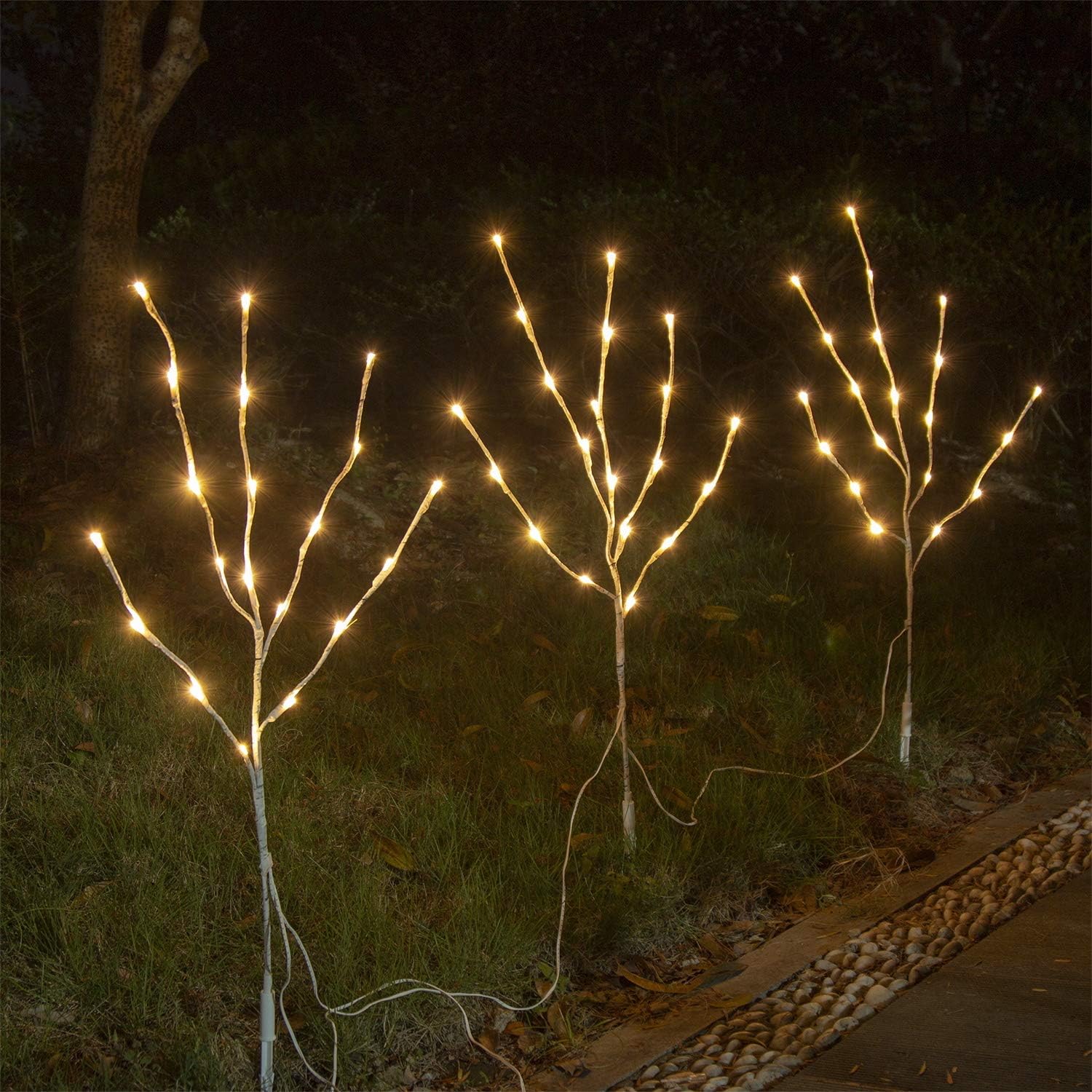 Home Decorative Twig Lights Lighted White Birch Twig Branches Pathway Stakes with 60 LED White Lights Waterproof Plug in for Outdoor and Indoor Decor (3PK, 76cm)