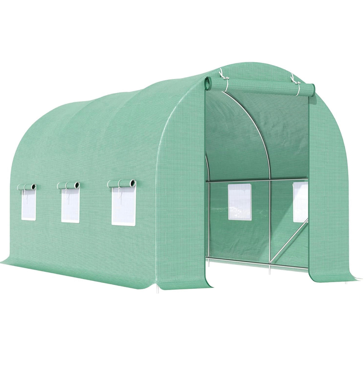 4.5m x 2m x 2m Polytunnel Greenhouse Walk In Green House Garden Plant Growing House with Roll-up Door and 6 Mesh Windows, Green