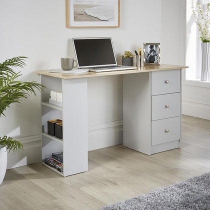 Computer Desk 3 Drawer and Storage Shelves Grey Home Office Wood Furniture Unit
