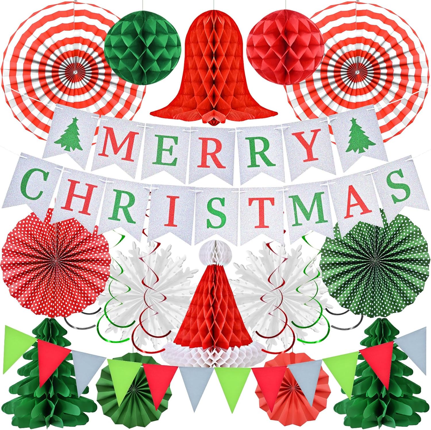 Christmas Decorations Party Banner Set, Reusable Merry Christmas Paper Banner Indoor Decoration for Home, Christmas Bunting Hanging Honeycomb for Xmas Party Decorations