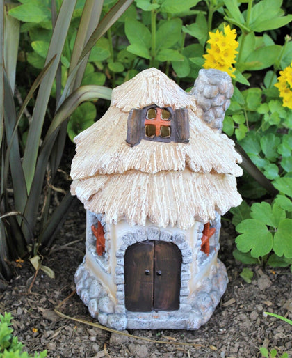 Solar garden decor large fairy house pixie thatch outdoor ornament statue home