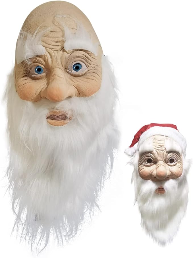 Latex Mask Old Man Full Face Santa Claus Father With Red Hat White Long Beard Tash Eyebrows For Halloween Carnival Festival Birthday Christmas Fancy Dress Costumes