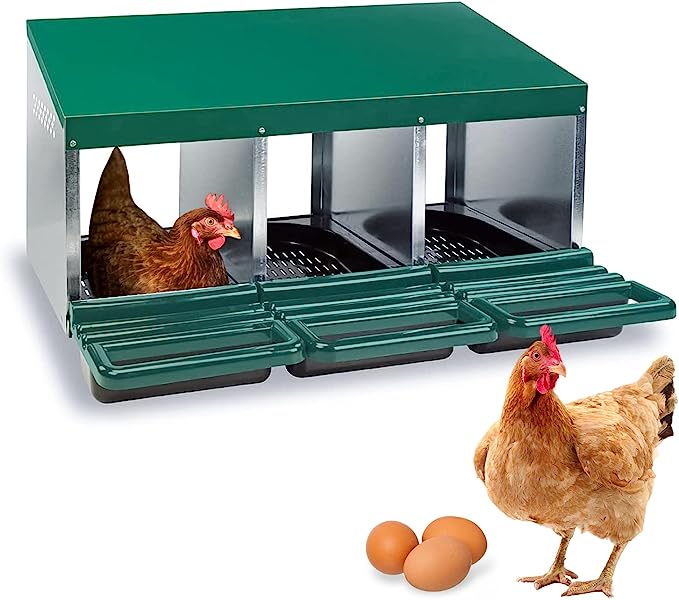 Homestead Essentials 2 Compartment Roll Out Nesting Box for Chickens | for Up to 10 Hens | Heavy Duty Chicken Coop Nesting Box with Perch Lid Cover to Protect Eggs