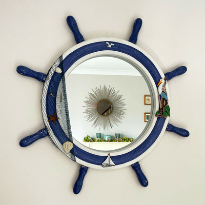 Ships Wheel Wall Mirror 60cm Novelty Wood Nautical Boat Bathroom Decoration Gift