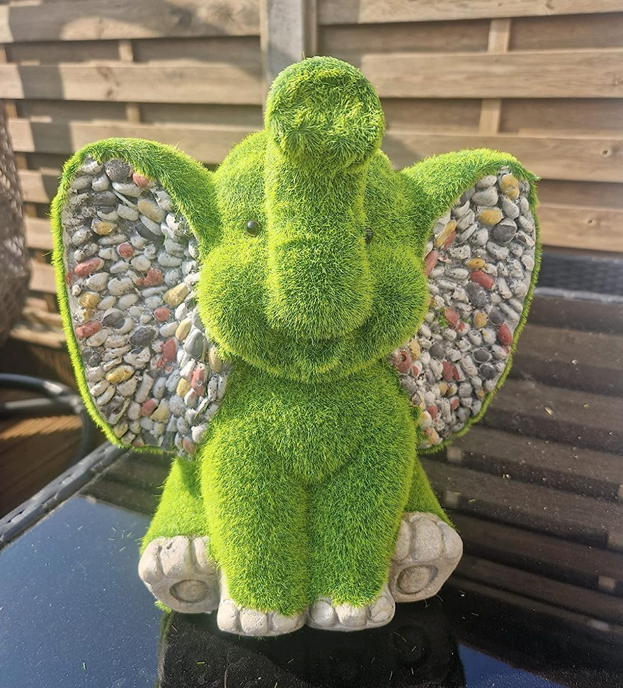 Stone Effect Novelty Elephant - Garden Ornaments Outdoor Animal Statue with Grass, Free Standing Animal Figurine