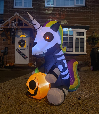 5 FT Tall Halloween Inflatable Sitting Skeleton Unicorn Inflatable Yard Decoration with Build-in LEDs Blow Up Inflatables for Halloween Party Indoor, Outdoor, Yard, Garden, Lawn Decorations