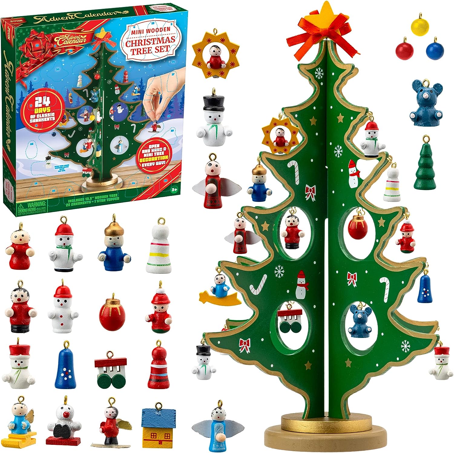 Christmas 24 Days Countdown Advent Calendar with a Tabletop Wooden Christmas Tree and 28 Ornaments Snowman Santa Decorations for Boys, Girls and Kids Party Favors Gift