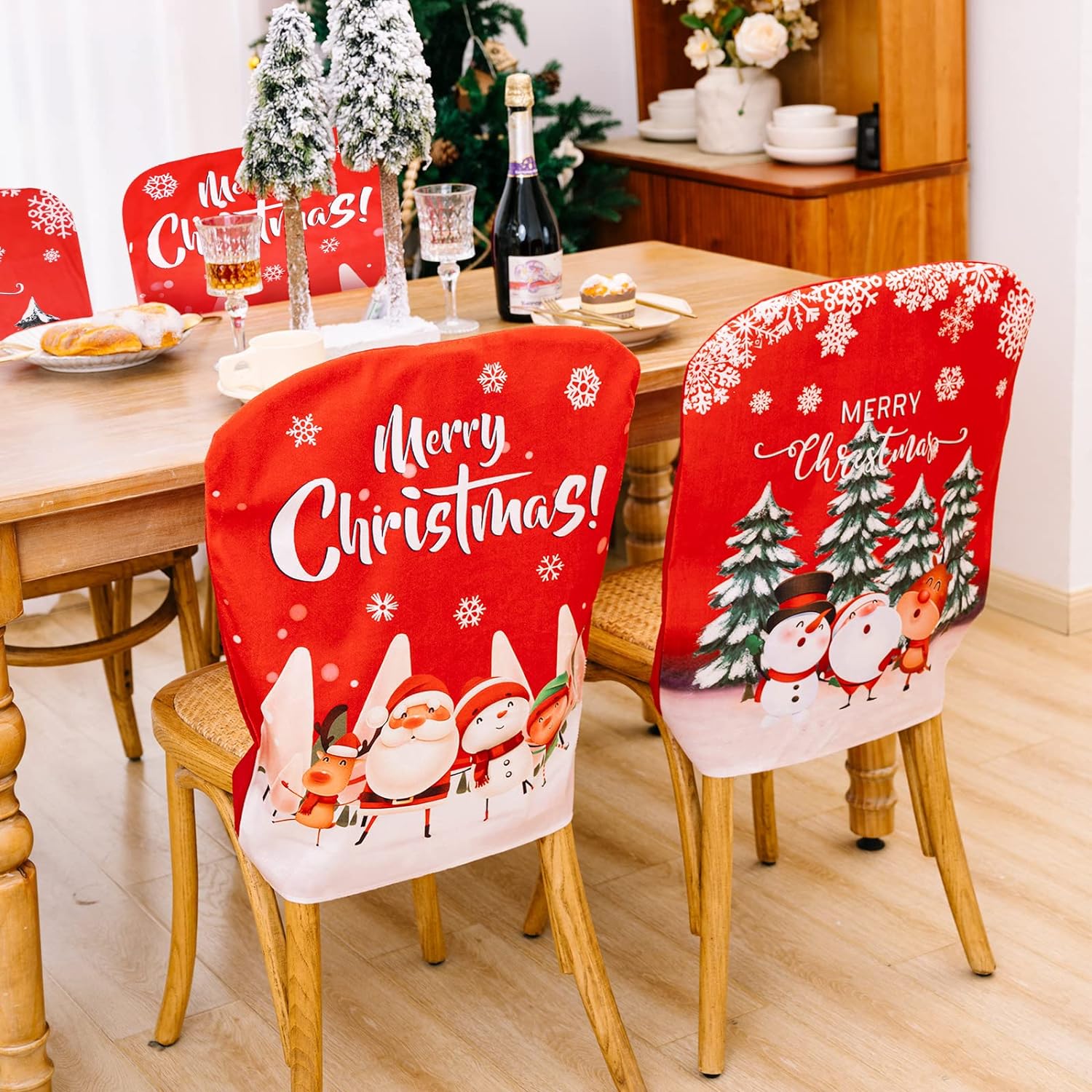 4 Pcs Christmas Chair Covers Christmas Themed Chair Back Cover Red and White Dinner Table Decoration for Xmas Party Celebrations