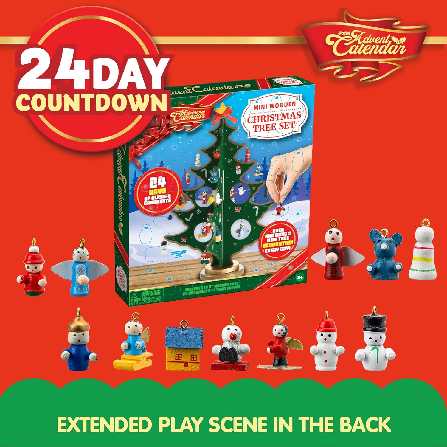 Christmas 24 Days Countdown Advent Calendar with a Tabletop Wooden Christmas Tree and 28 Ornaments Snowman Santa Decorations for Boys, Girls and Kids Party Favors Gift