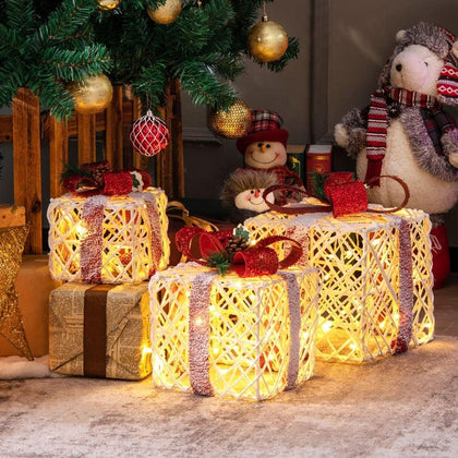 Set of 3 Christmas Lighted Gift Boxes Decoration, Pre-lit Present Box with 60/100 LED Lights,