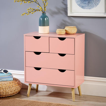 Pink Chest of 4 Drawers Wooden Scandi Style Legs Modern Integrated Handles