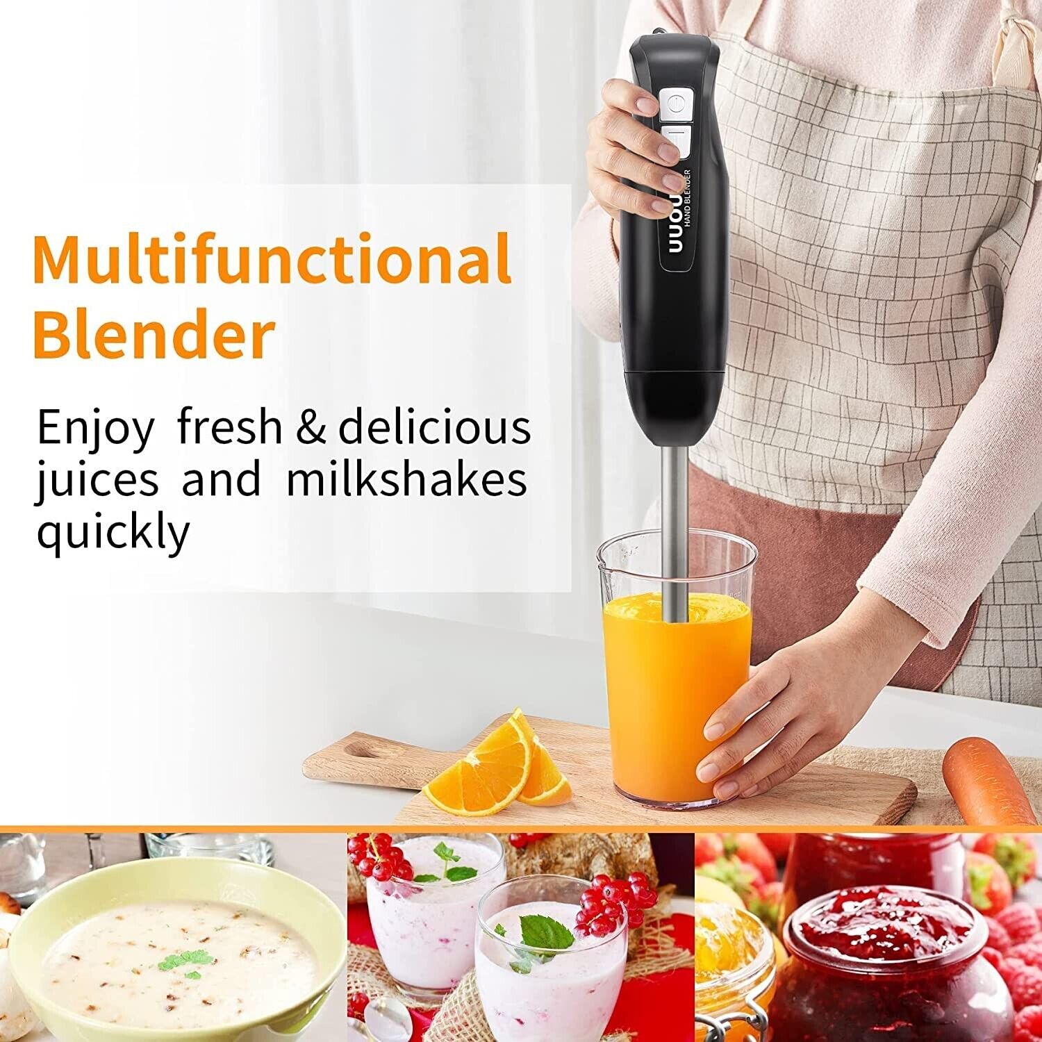 Electric Hand Blender Stick Stainless Steel Blades Food Mixer 200W Beaker Juice