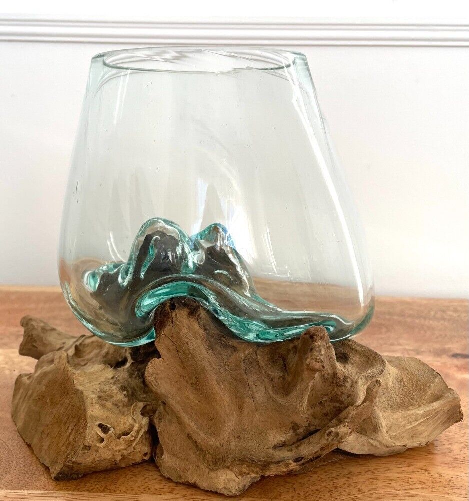 Molten Bowl On Wood Root Stand | Decorative Bowl | Glass Rustic Wood Decorative