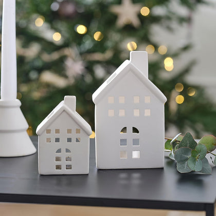 White Ceramic House Tealight Holders Christmas Fireplace Tabletop Decorations 2 Pack