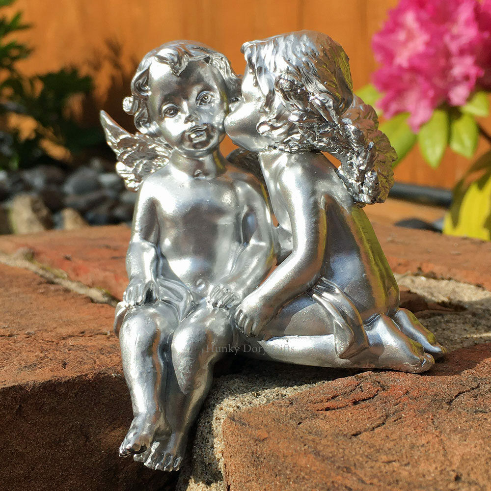 Cherub Ornament Small Silver Shelf Sitting Pair Home or Garden Figurine Ornament