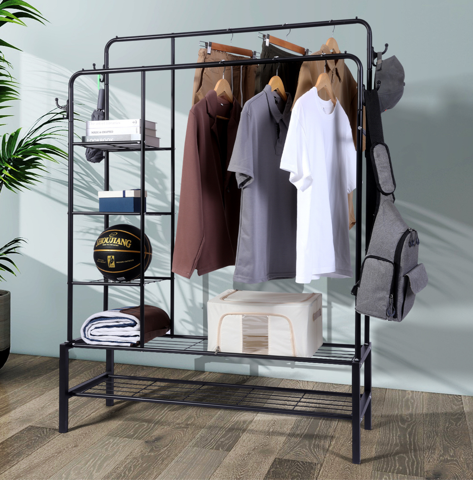 Heavy Duty Double Clothes Rail 120KG Load Clothes Rack for Bedroom Open Wardrobe