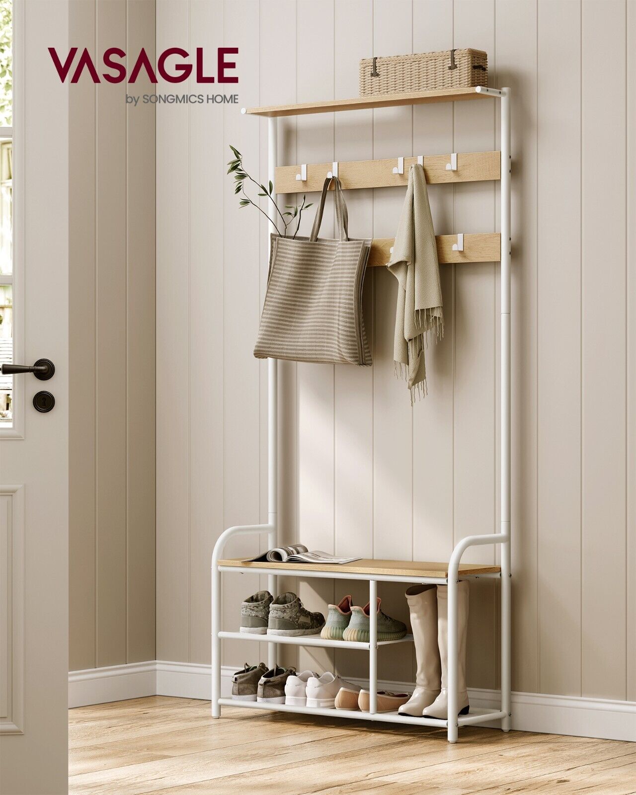 Coat Rack Stand Hall Tree with Bench and Shoe Storage Oak and White