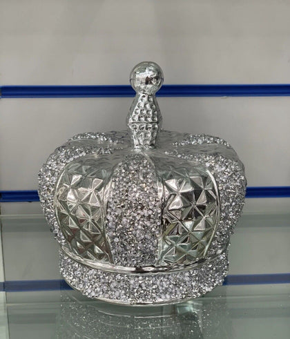 Stunning Silver Crushed Diamond Sparkly Crown King Queen Ornament Shelf Sitter