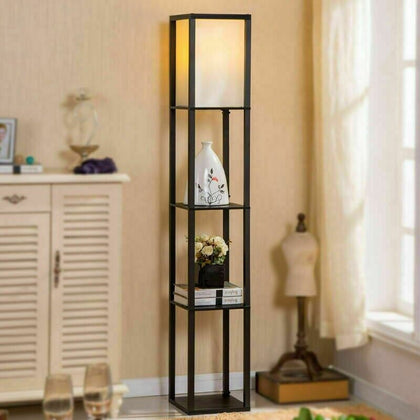 Floor Lamp Free Standing Wood 3-Tier Storage Shelf Reading Bedroom Living Room