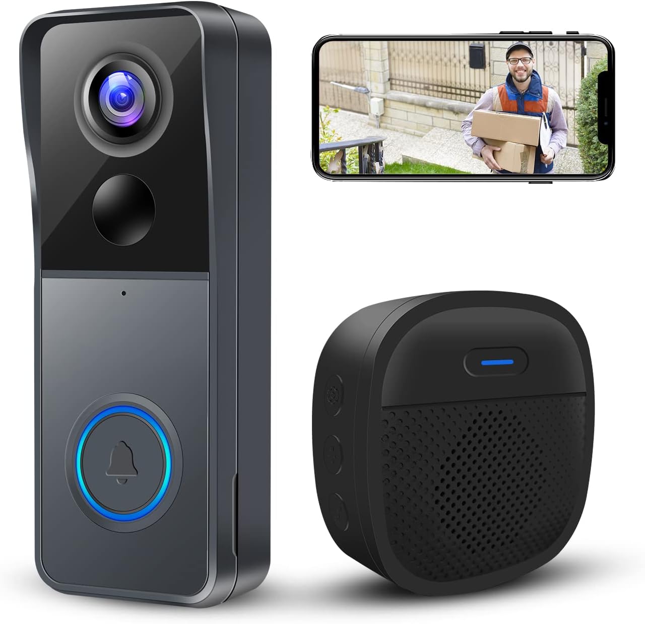 Wireless Video Doorbell Camera with Chime, Smart Video Door Bells with Camera Battery Powered, Voice Changer, PIR Motion Detection, 1080P HD, 2-Way Audio, 2.4G WiFI, Night Vision, Support SD Card