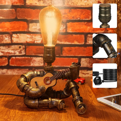 Robot Table Lamp Robot - Table Lamp Vintage Iron Table Lamp Metal Robot Pipe Industrial Pipe Lamp Steampunk Lamp with Bulb for Bar Cafe Room Decor DIY Decorations Cool Birthday Gift