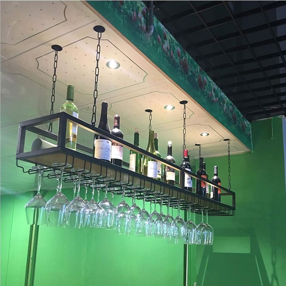 Hanging Wine Rack, Metal Ceiling Wine Glass Rack, Bar Unit Floating Shelves, Industrial