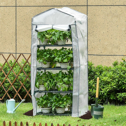 4 Tier Mini Grow House Outdoor Garden With White PE Cover High Plant Greenhouse