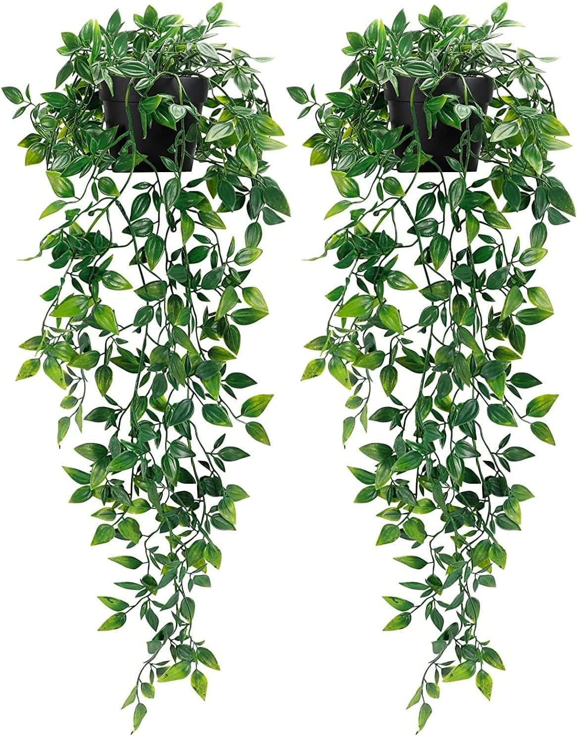 Pack of 2 Artificial Green Hanging Potted Trailing Plant for Indoor and Outdoor Use - Fake Potted Plants Shelf Wall Decor