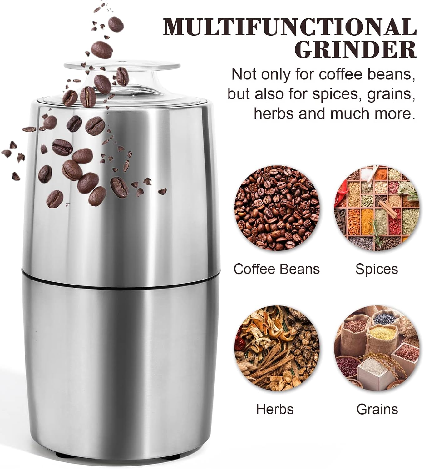 Coffee Grinder Electric - Turimon Stainless Steel Coffee Bean Grinder for Coffe Espresso Latte Mochas, One-Touch Grinder for Herb, Spice, Grain and More