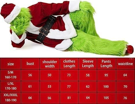 Grinch Costume Adult - 8Pcs Grinch Santa Outfit Green Monster Halloween Xmas Suit with Mask and Christmas Hat Cosplay Props Fancy Dress Outfit for Men Women
