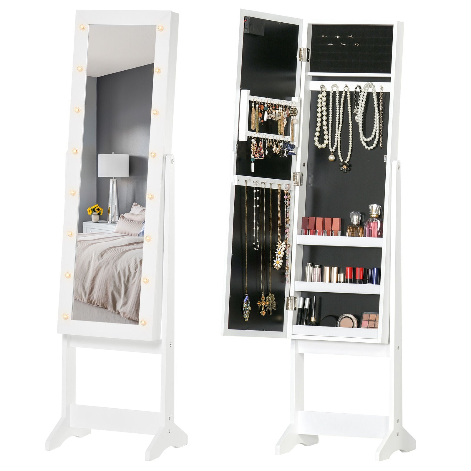 Free Standing LED Mirrored Jewellery Cabinet Armoire Floor Organiser