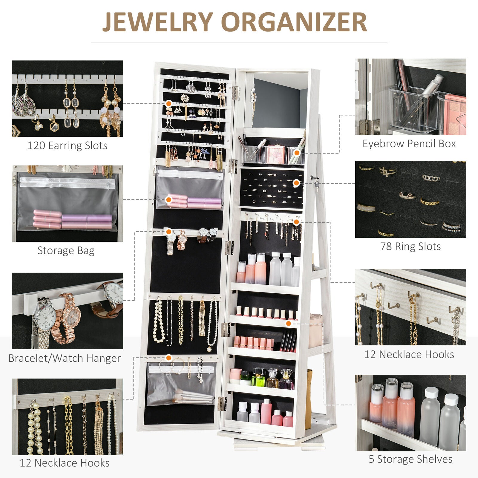 Jewellery Cabinet Full Length Mirror 360° Swivel Lockable Jewellery Organizer