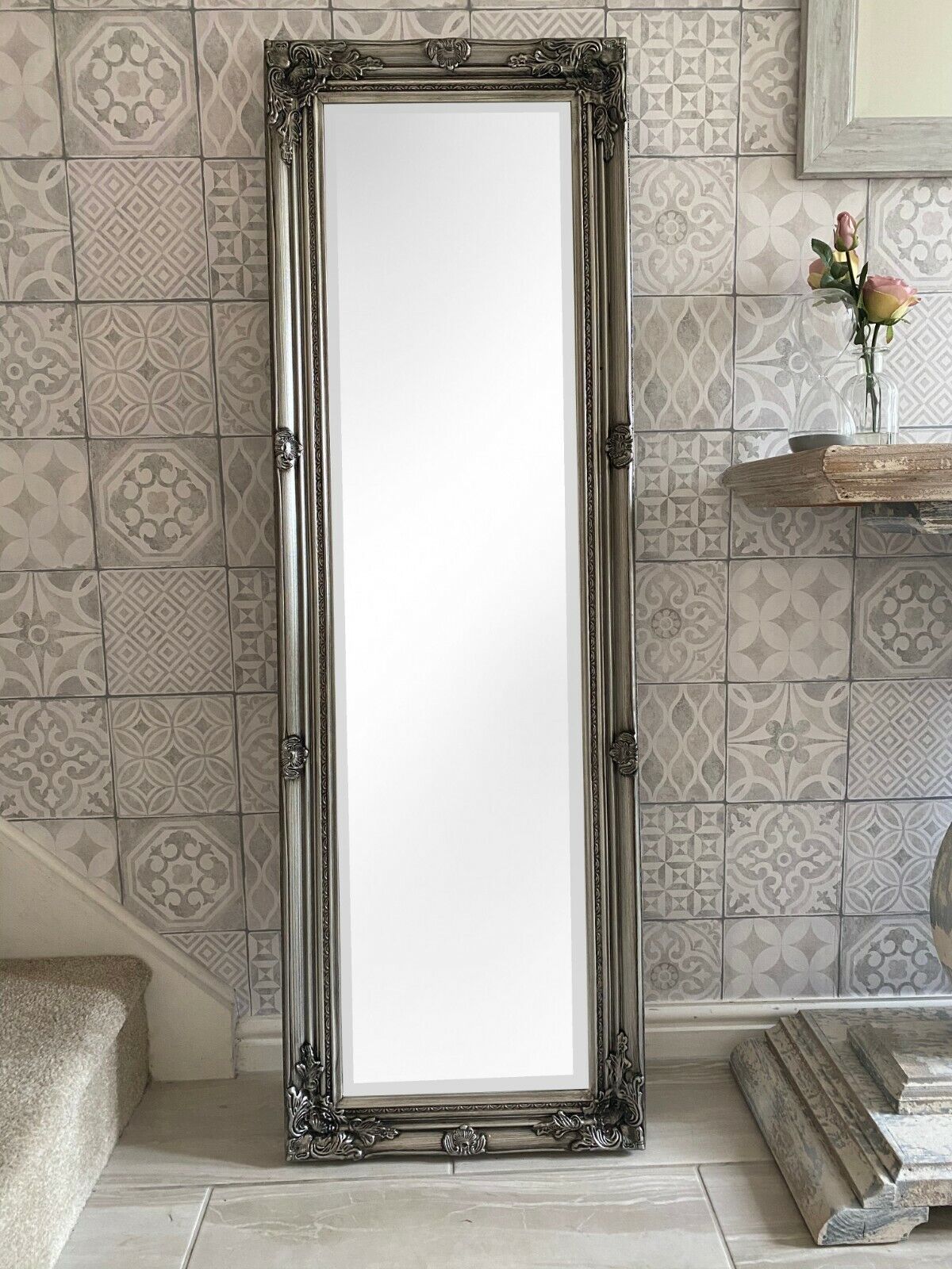 Tall Antique Silver Full Length Floor Wall Dressing Mirror wih Hardwood Frame