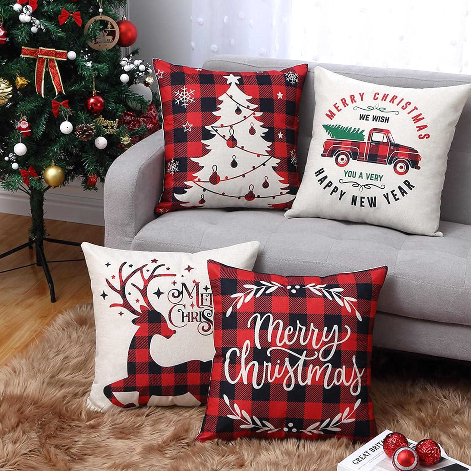 Christmas Decorations Cushion Covers Set of 4, Red and Black Buffalo Plaid Christmas Pillow Covers 45 x 45 Christmas Pillow Cases for Sofa Home Decor 18 x 18 Inch