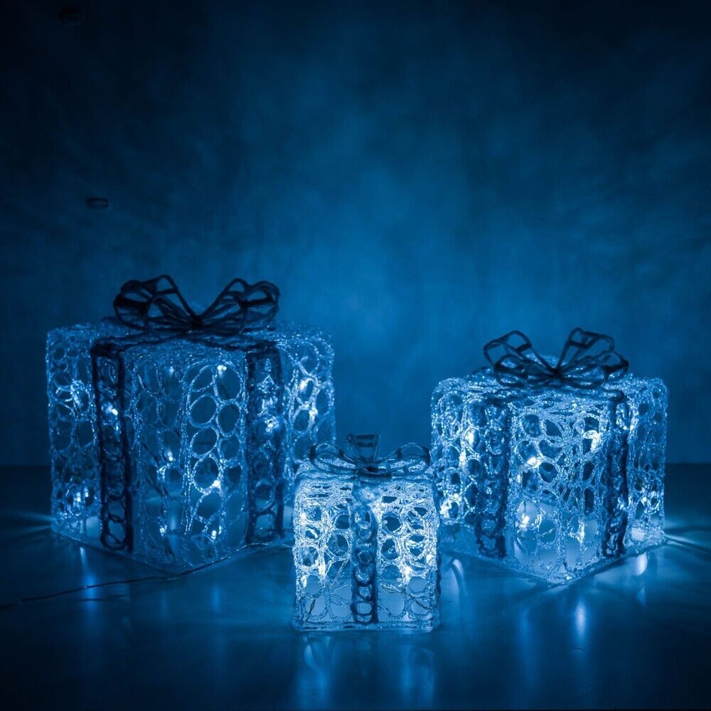 3x Light Up Christmas Presents Xmas Decorations Outdoor Indoor Gift Boxes Ribbon