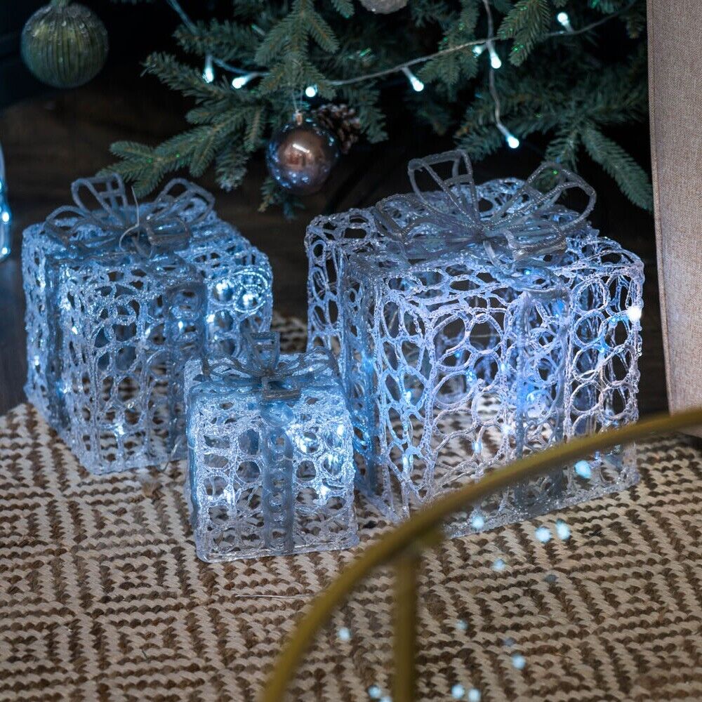 3x Light Up Christmas Presents Xmas Decorations Outdoor Indoor Gift Boxes Ribbon