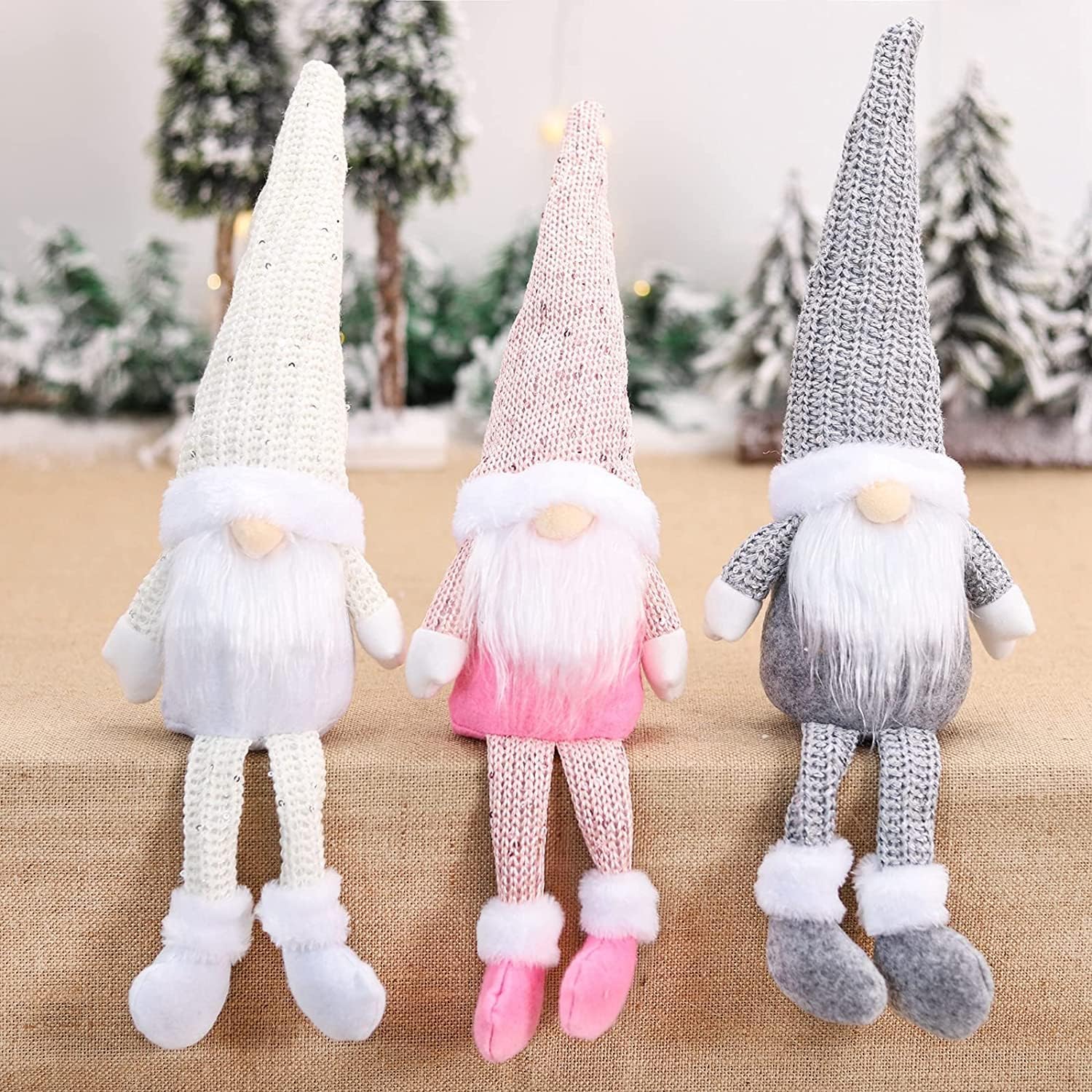 3Pcs Christmas Plush Figurines, 3 Colors Handmade Swedish Tomte Gnome Plush Scandinavian Santa Elf Long Legs Figurine for Christmas Table Fireplace Home Decor (46cm x 16cm)