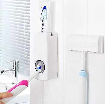 Automatic Toothpaste Dispenser with Wall Mounted and 5 Toothbrush Holder, Toothpaste Squeezing 5 Toothbrush Organizer Slots