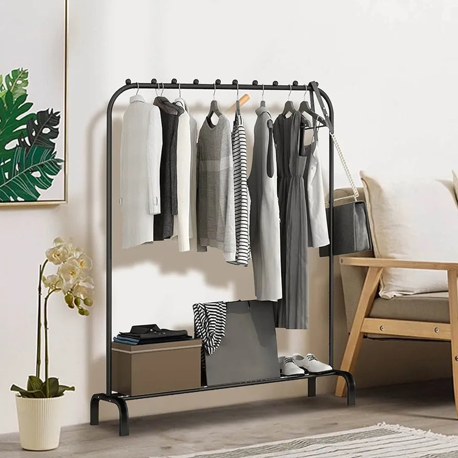 Heavy Duty Clothes Rail Garment Stand Drying Rack with Multi-slip Bead Lower Storage Shelf