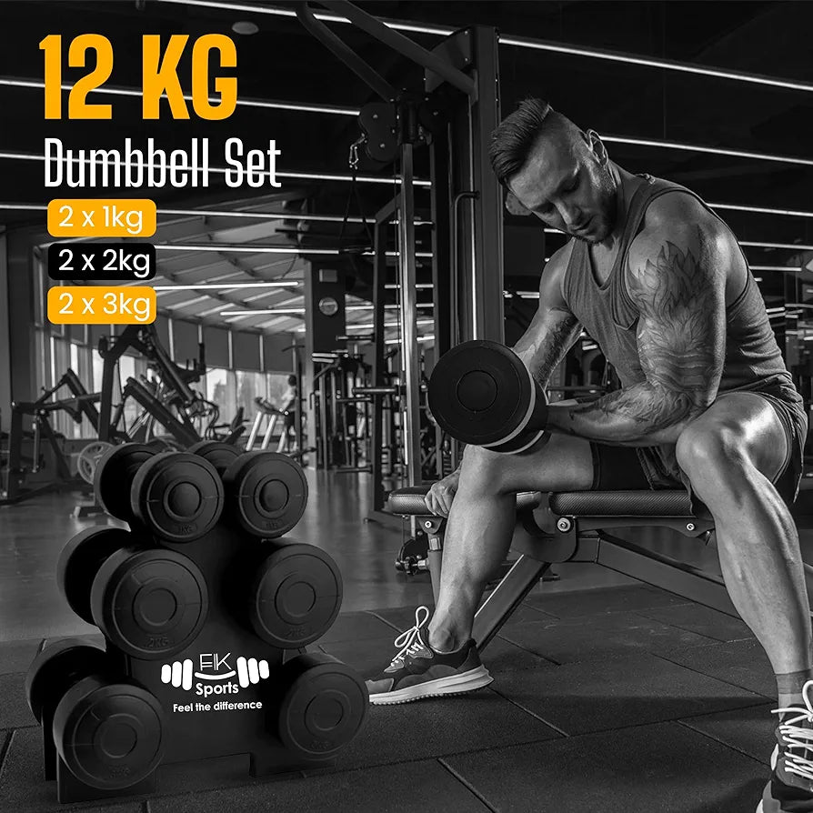 Dumbbell Weights Set with Stand Rack, Lightweight Aerobics Gym Class Dumbbell Weights Workout 12kg Set, Home Gym Weight Exercise Arm Hand Fitness - 1 KG/ 2 KG/ 3 KG Pair