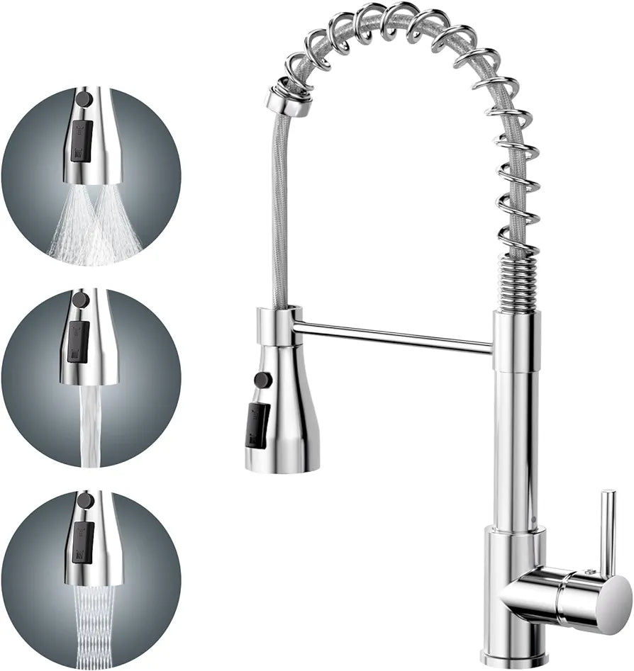 Kitchen Tap, Kitchen Sink Mixer Tap with Pull Down Spray 360° Swivel, Spring Kitchen Sink Tap with Cold and Hot 3-Modes Spray Single Handle Lever Mixer