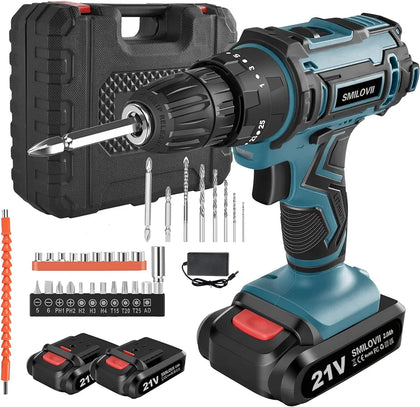 SMILOVII 21V Cordless Drill Driver, Power Drills Cordless with 2 Batteries 2000mAh, 45Nm Max Hammer Drill, 25+3 Torque Electric Drills Set, 3/8