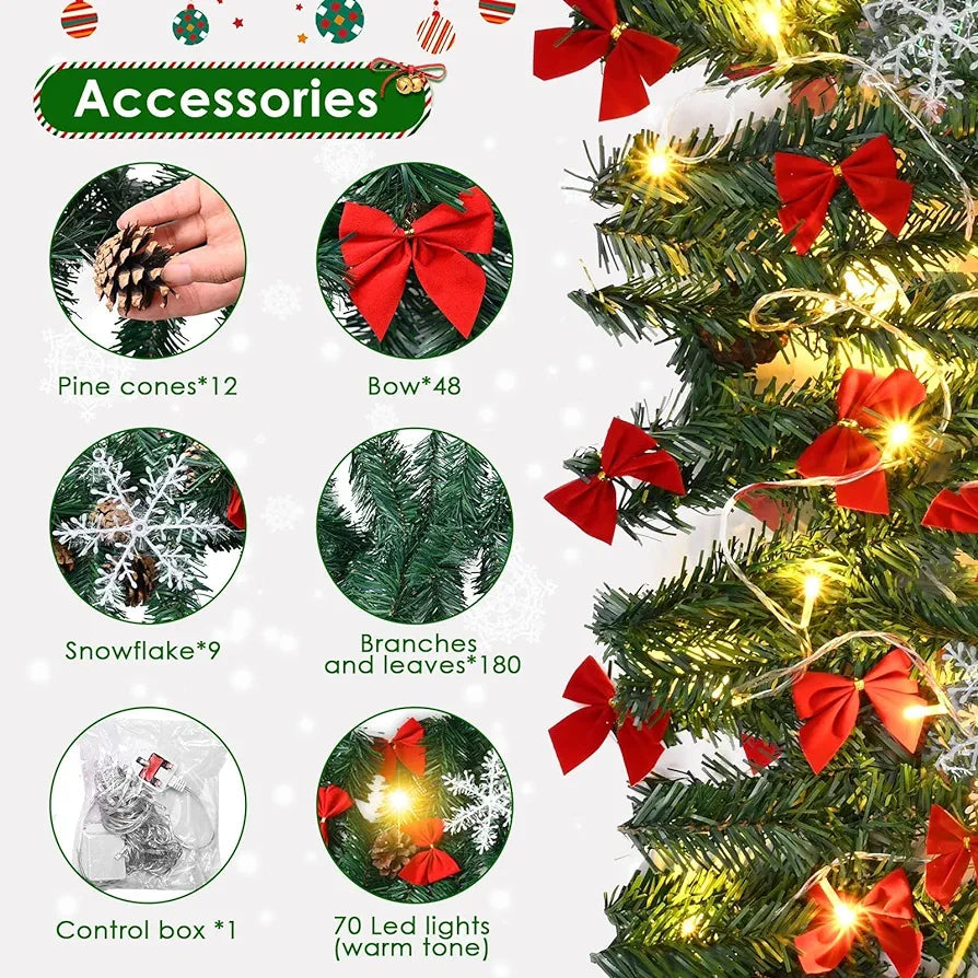 1.8m Christmas Garland, Christmas Wreath with Pine Cone and Light Christmas Garlands Decorations for Stairs Fireplaces Door Indoor Outdoor