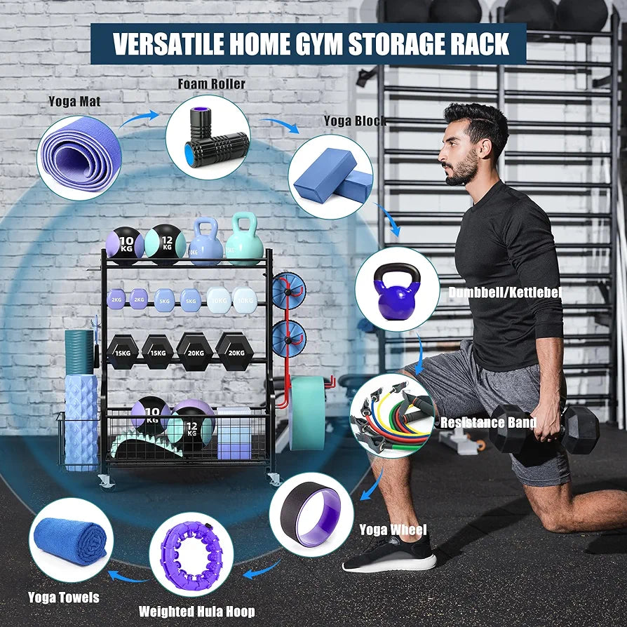 Dumbbell Rack - Yoga Mat Weight Rack - Dumbbell Stand for Home Gym with 4 Wheels and 8 Hooks - Yoga Mat Storage Rack for Kettlebells and Yoga Block, Strap, Roller - 100-160KG Load Capacity