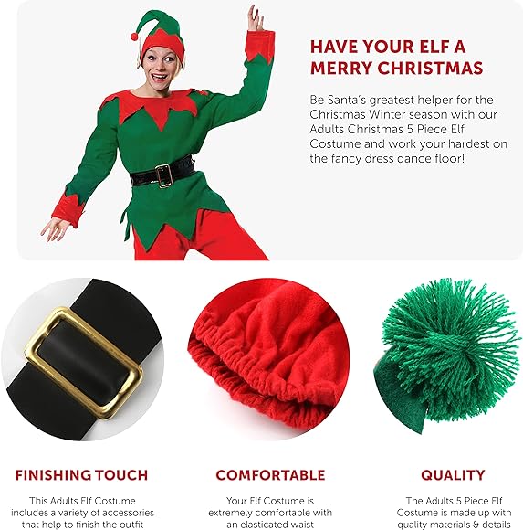 Adults Unisex Cheeky Elf Christmas Fancy Dress- Green Top + Red Trousers + Belt + Elf Hat With Ears + Deluxe Pom Pom Elf Shoes