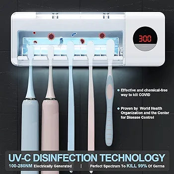 UV Toothbrush Sanitizer, Bathroom Toothbrush Holder Wall Mounted with Sterilizer Function, 2000mAh Charging, Timing Function, Toothbrush